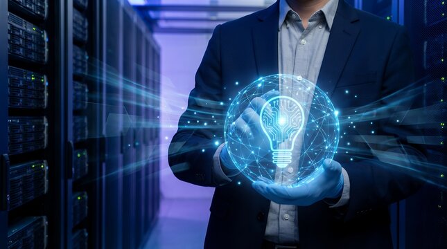 Businessman holding a glowing digital lightbulb circuit sphere representing innovation and big data transfer within a modern computer server data center room technology idea computing - Powered by Adobe
