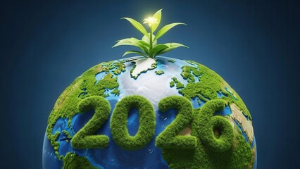 Green Earth Globe 2026 with Growing Plant on Blue Background