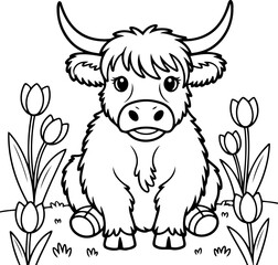Fototapeta premium Highland Cow Illustration: A charming black and white illustration of a Highland cow sits amongst blooming tulips, capturing its endearing features and playful personality.