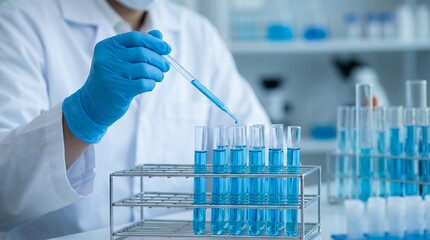 Scientist in white lab coat wearing blue gloves uses a dropper to dispense blue liquid into several glass test tubes held in a metal rack within a laboratory setting research experiment