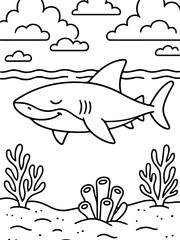 Obraz premium Shark's Smiling in the Sea: A whimsical outline of a cartoon shark, complete with a joyful smile and playful eyes, frolics in the ocean.