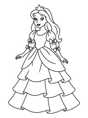 Fototapeta premium A Regal Princess: A line drawing portrays a princess with flowing hair, a crown, and a tiered dress, exuding elegance and grace.