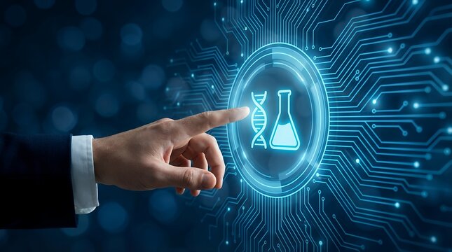 Businessman's finger touching a glowing blue digital interface showing DNA helix and laboratory flask icons against a circuit board pattern science technology biotechnology genetics - Powered by Adobe