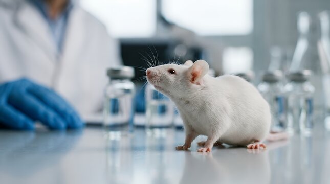 Close up of a curious white laboratory mouse standing on a reflective surface near several small glass vials while a scientist in blue gloves works nearby white mouse animal testing