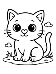 Obraz premium Cute Cartoon Kitten: A charming cartoon kitten sits amidst playful clouds and blades of grass, ready for a child's imaginative touch.