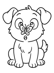 Naklejka premium Adorable Puppy and Butterfly: A cute puppy sits in a cartoon style with a butterfly on its nose, showcasing playful and adorable interaction.