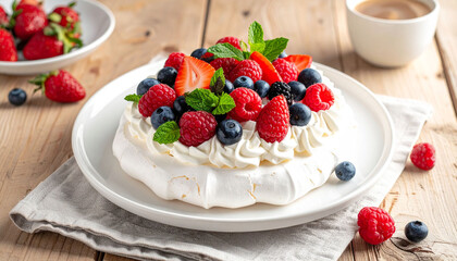 Pavlova meringue on wooden background  