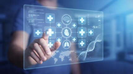 Person interacting with a futuristic holographic medical interface displaying vital signs symbols DNA structure world map and internal organ icons digital health healthcare technology
