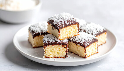 Lamington Cake with Chocolate and Coconut on White Background