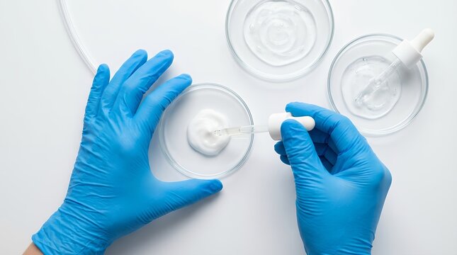 Hands wearing blue protective gloves carefully applying clear liquid serum from a dropper onto a white cream sample in a petri dish during cosmetic testing laboratory skincare research