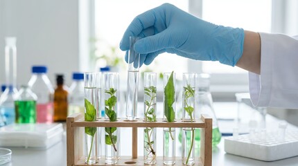 Scientist wearing blue gloves carefully holds a clear test tube containing liquid over a rack of several test tubes nurturing small green plant cuttings in a bright laboratory setting