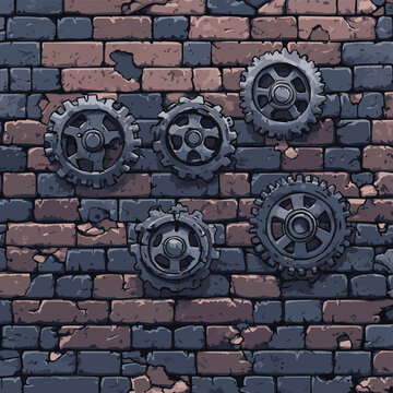 Steampunk Mechanical Gears Against Brick Wall Illustration. , vector style simple color