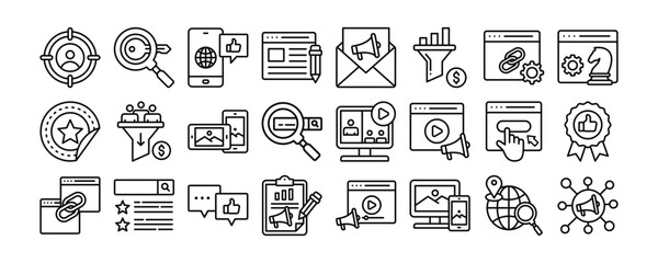 Marketing and SEO icon collection. Containing design Target Audience, Keyword Research, Social Media, Content Creation, Analytics	