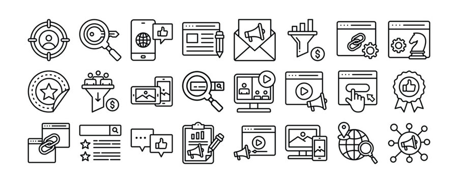 Marketing and SEO icon collection. Containing design Target Audience, Keyword Research, Social Media, Content Creation, Analytics	 - Powered by Adobe