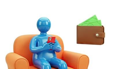 3D Blue Figure on Orange Couch with Phone and Wallet