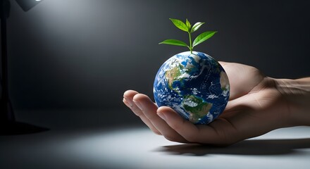 Protecting the earth and nurturing growth. A hand gently cradles a miniature earth, a young sprout growing from its surface, symbolizing conservation