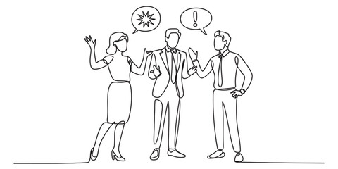 A continuous single line drawing depicts a business conflict or heated discussion among three colleagues. Vector, illustration