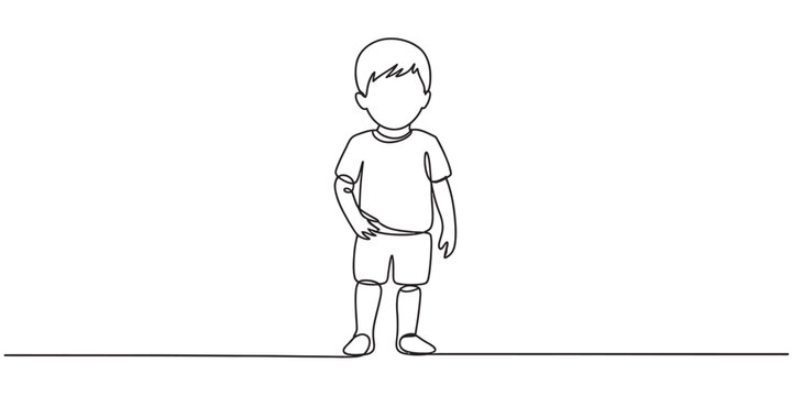 A continuous single line drawing of a small boy standing and looking forward in a simple outfit Vector, illustration