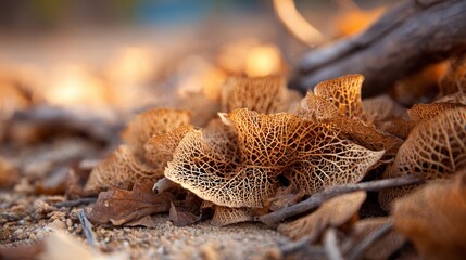 Leaves on the ground show delicate patterns and textures in sunlight