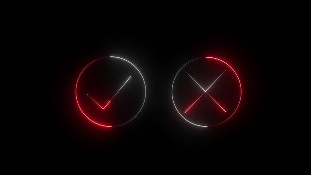 Neon blue and red color check mark with cross sign icon animation no wrong cancel tick success done accept complete correct confirm finishing checkbox sign symbol on black background. 4k 