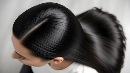 Top view of woman with long shiny straight black hair showing clean parting and glossy texture, hair care concept for salon keratin treatment and healthy scalp nourishment