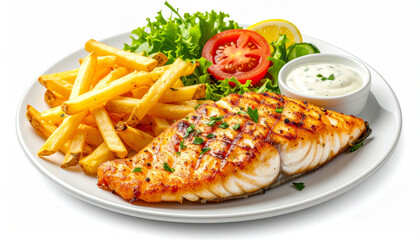 Australian Fried barramundi Fish and Chips on white background