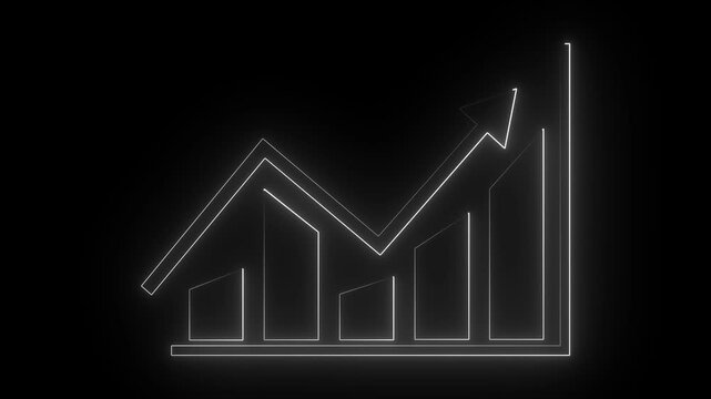 Glowing neon white color business graph icon animation business report presentation growth bar chart line finance stock marketing success profit trend up and down arrow on black background. 4k video.