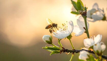 Close-up of a bee collecting nectar from a blooming white flower in soft sunlight.