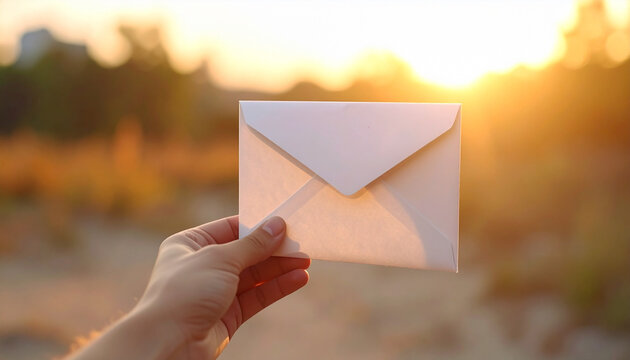 Hand holding white envelope outdoors at sunset, close up with warm sunlight and blurred background, concept of message, communication, hope, waiting, and anticipation