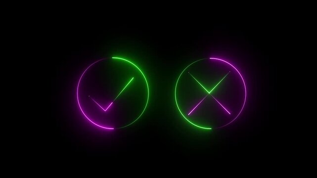 Neon violet and green color check mark with cross sign icon animation no wrong cancel tick success done accept complete correct confirm finishing checkbox sign symbol on black background. 4k 