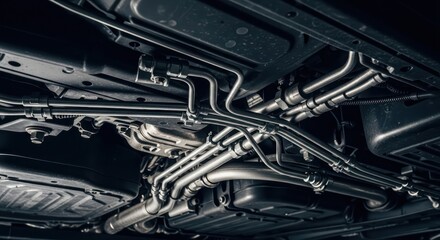 Automotive chassis detail illustrating complex metallic piping and engineering infrastructure