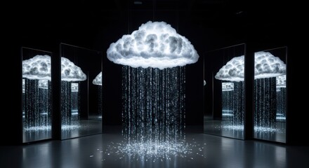 Captivating cloudscape art installation with simulated rainfall and mirror reflections