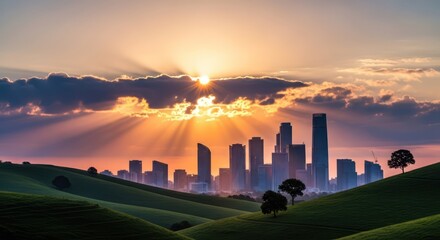 Cityscape at dawn, sunburst over rolling hills, juxtaposing urban architecture and natural beauty