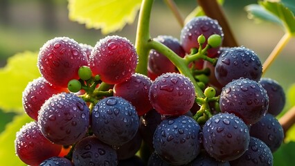 Lush grapes with water droplets on a vibrant sunlight vineyard view