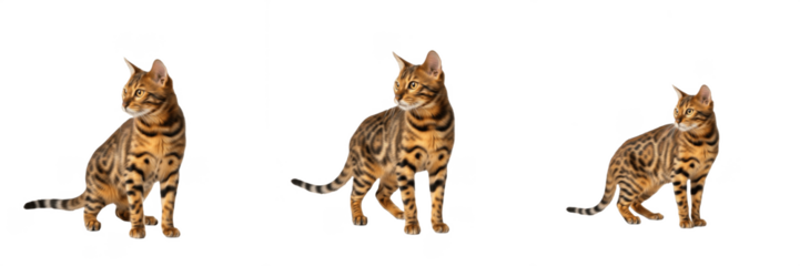 Three Bengal Cats in Different Poses Isolated on White Background
