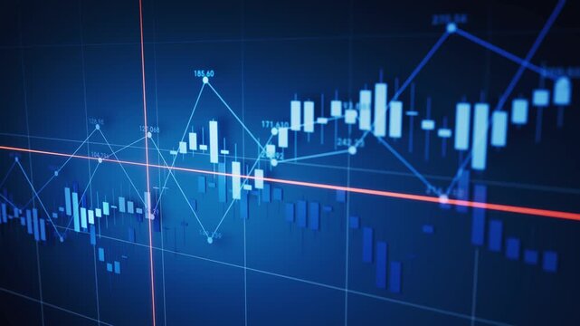 Dynamic 3d stock market financial data chart with glowing lines and changing bars showing global business trends