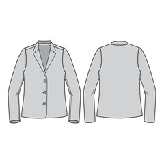 Vector technical flat sketch of women's single-breasted blazer with notch lapel and button closure. Front and back views. Tailored jacket template, easy to recolor.
