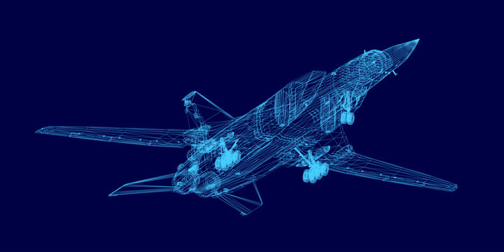 A 3D wireframe model of a military fighter jet is rendered with realistic detail against a solid blue background.