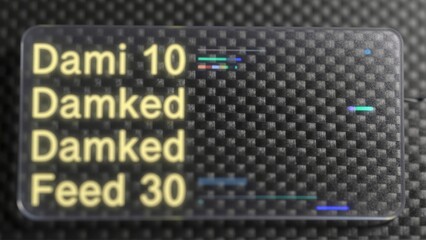 Digital display with illuminated text and indicator lights on carbon fiber textured surface