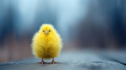 Bright yellow chick stands on wooden surface in outdoor setting during daylight