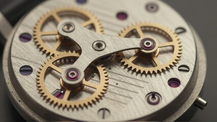 Extreme close up of a mechanical watch movement with intricate gears and jewels