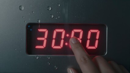 Finger pressing red digital timer display showing 30 00 with water droplets
