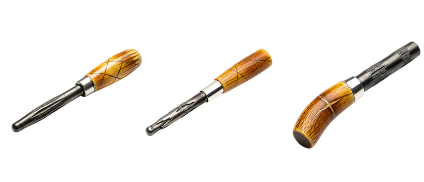 A set of three professional hand reamers with wooden handles isolated on a white background.
