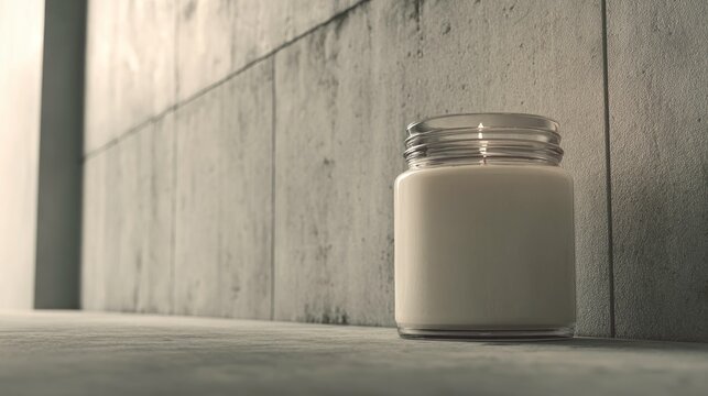Jar of milk on a concrete surface, minimalist.