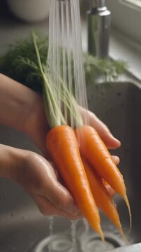 Hands Washing Orange Carrots Under Running Water In Kitchen Sink