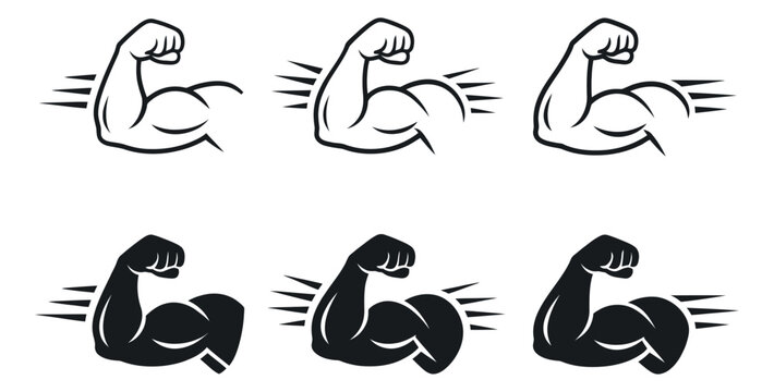 Graphic line art and solid bicep icons set featuring various designs depicting strength and power for sports and fitness branding