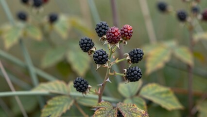 Close up of ripe blackberries and unripe red berries on a thorny bramble branch
