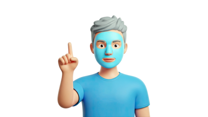 Cartoon Man with Blue Face Mask Pointing Up