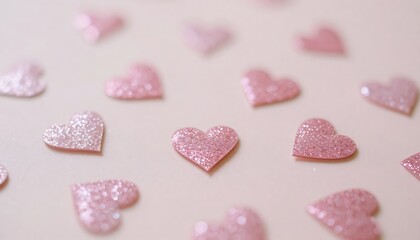 Fototapeta premium Sparkling pink heart confetti scattered on a soft background, symbolizing love and celebration