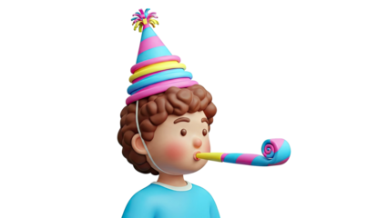3D Cartoon Boy with Party Hat and Blower